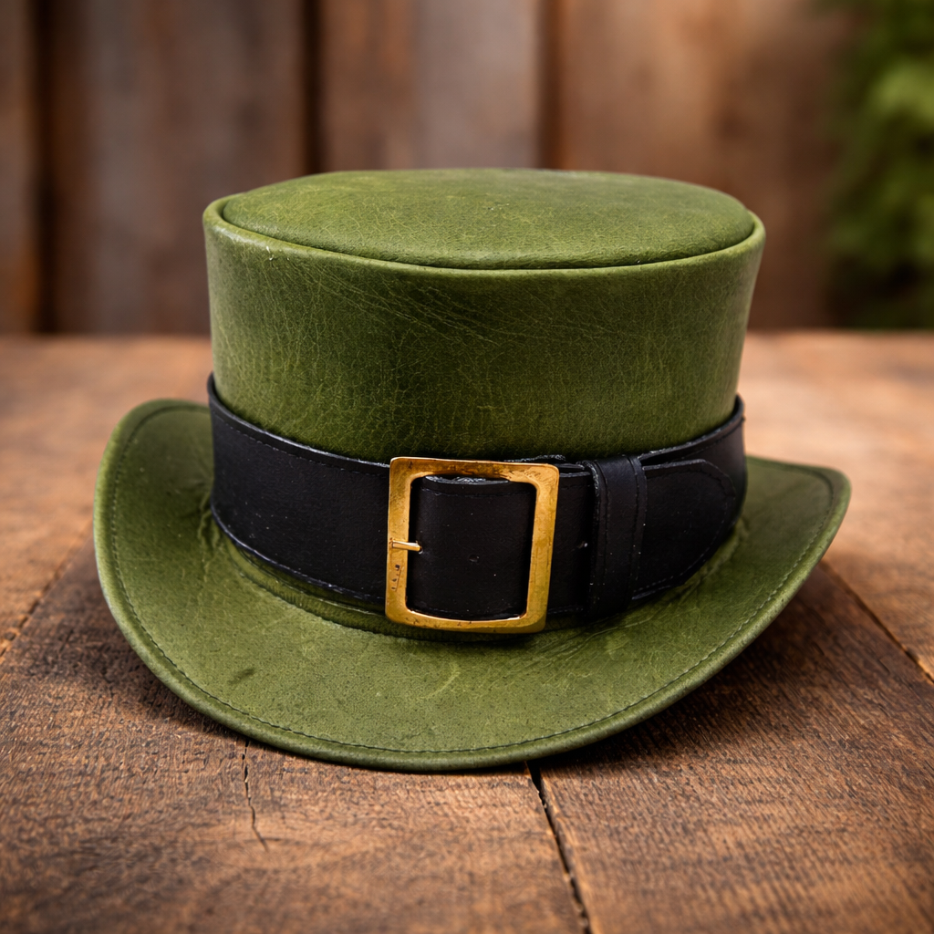 Handmade Green Leather Top Hat with Gold Buckle and Black Band - Steampunk Gothi