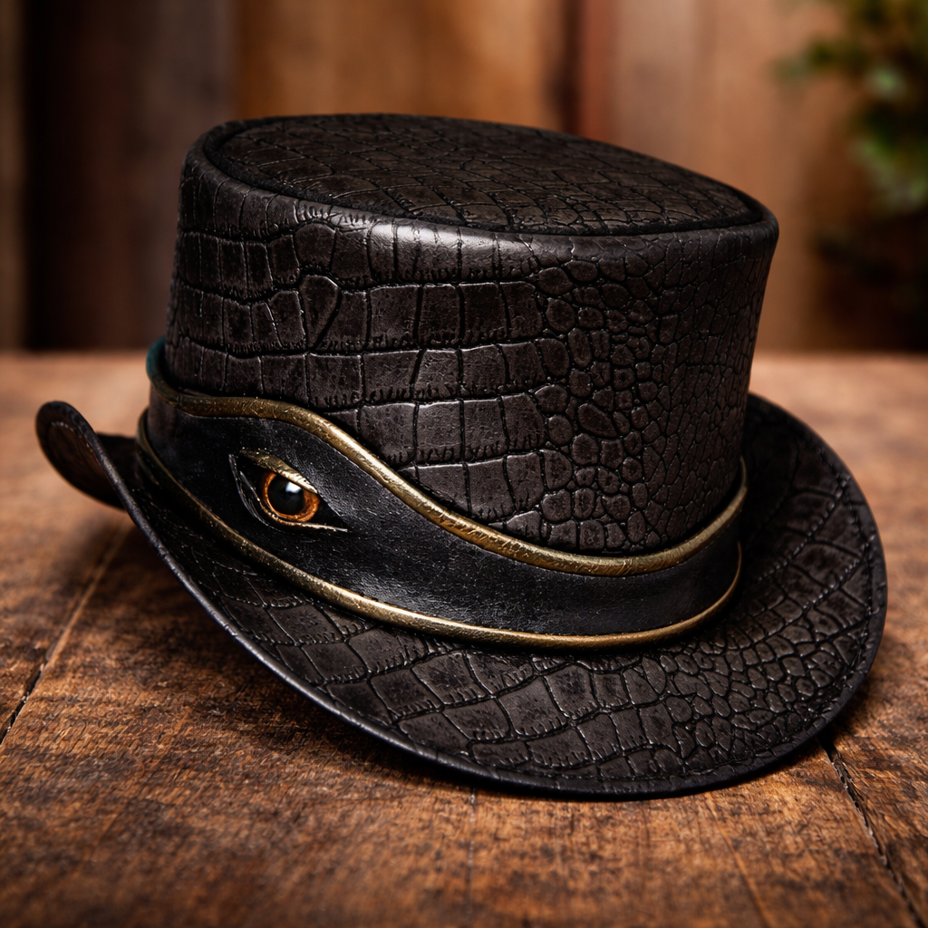 Steampunk Leather Top Hat Black, El Dorado Hat With Golden Eye Band Bikers Hat