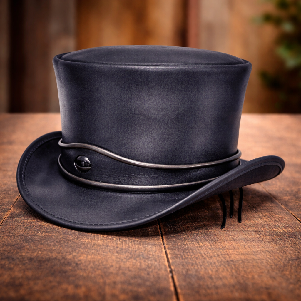 New Black Leather Steampunk Top Hat Gothic Biker Style Vintage Cosplay Hat Black