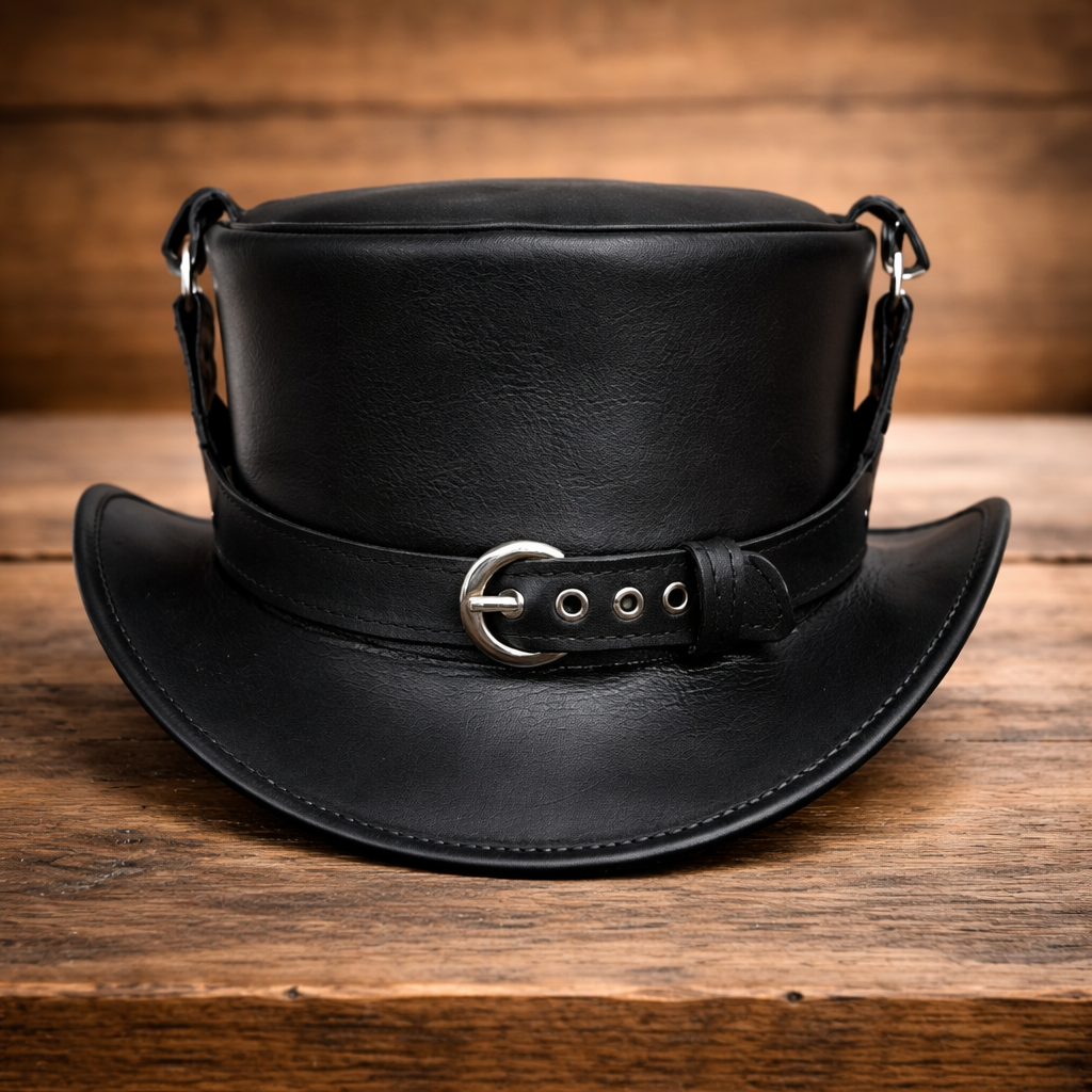 Leather Top Hat El Dorado Steampunk Black Leather Top Hat - Bikers Hat
