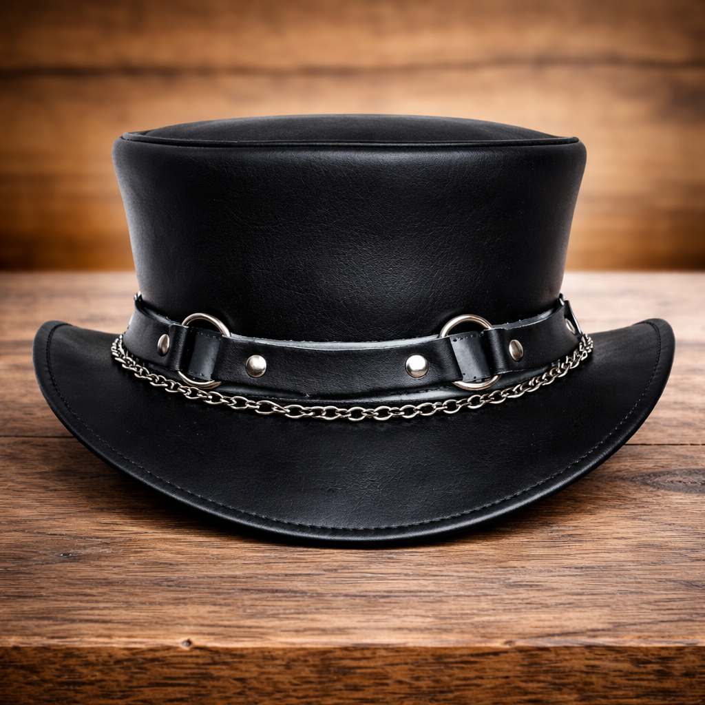 Black Leather Steampunk Top Hat with SR2 Band – Motorcyclist-Inspired Design