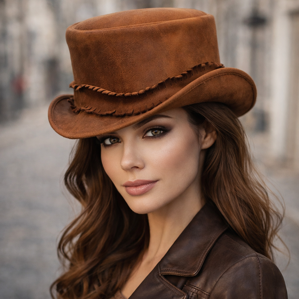 Top Hat Burn Style Western Hat Handmade Top Leather Hat Steampunk Hat Biker Hat