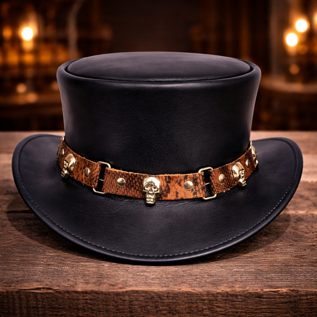 Handmade Leather Top Hat-Gothic Steampunk Victorian Biker Hat, Halloween,Cosplay