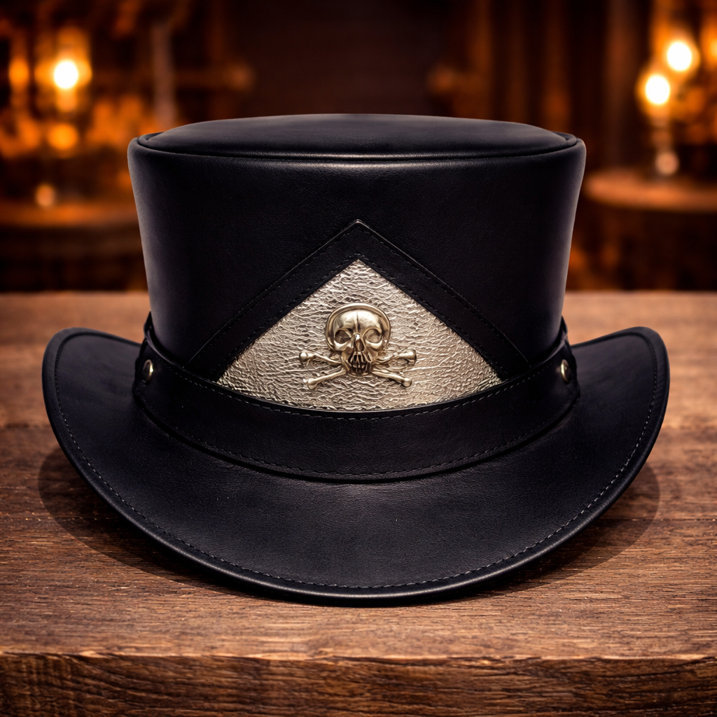 Handmade El Dorado Steampunk Leather Top Hat – Skull Band Design for a Bold Stat