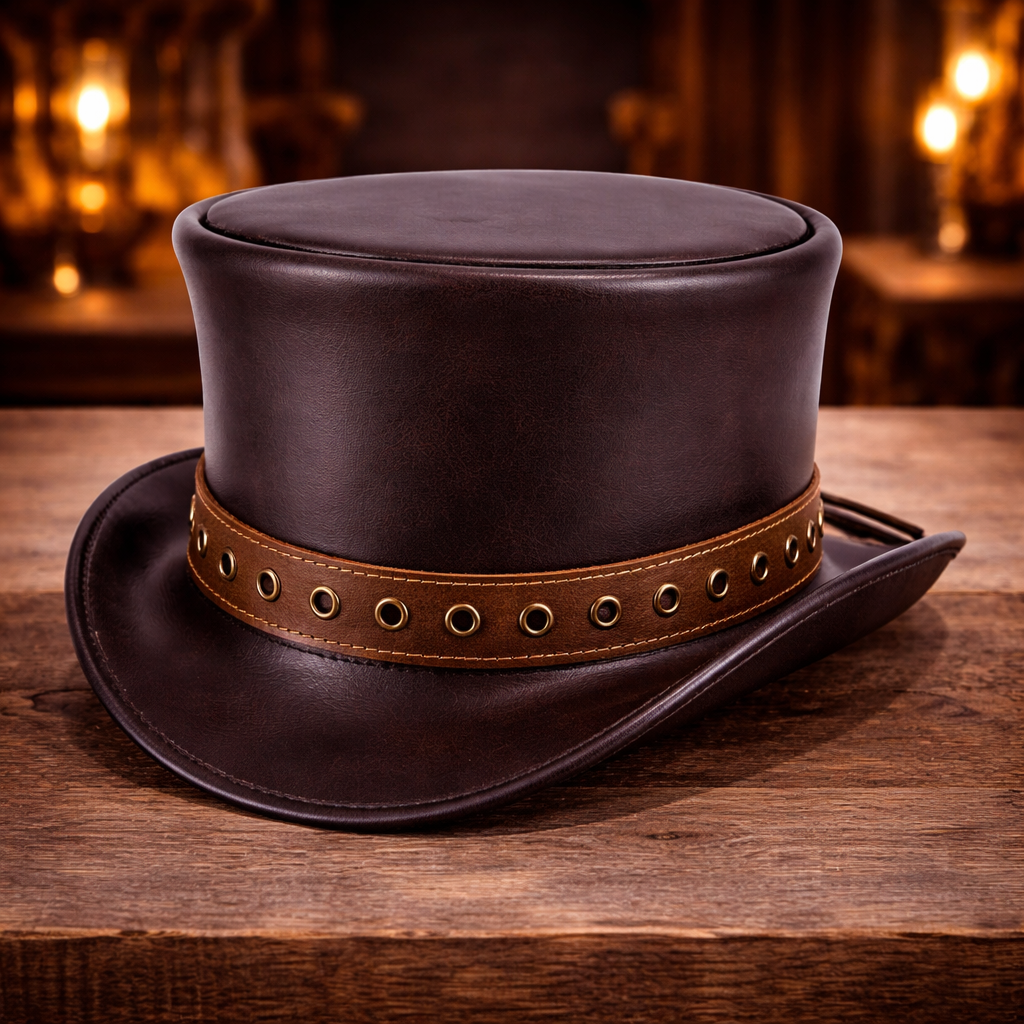 Handcrafted Leather Top Hat-Gothic Steampunk Biker Style for Halloween & Cosplay