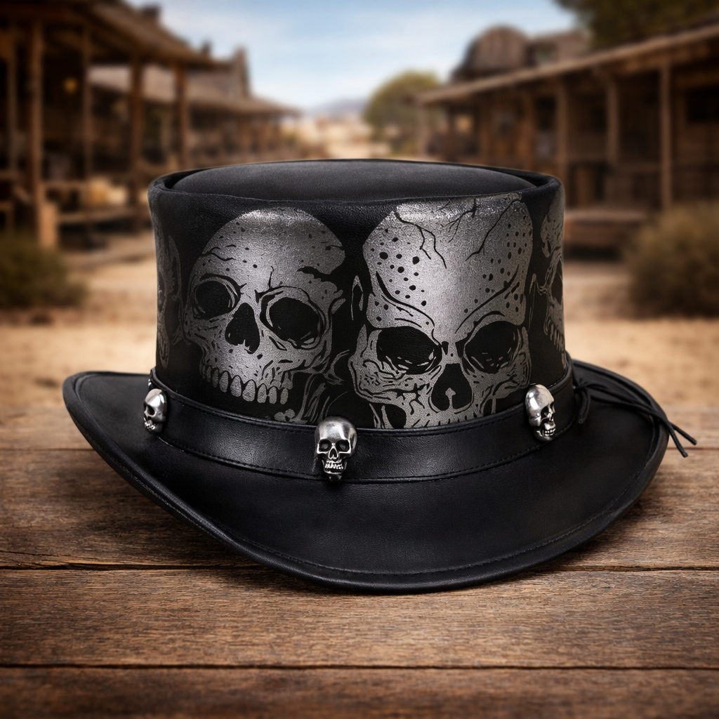 Skull Western Cowboy Leather Top Hat Steampunk Top Hat,Gothic Top hat Biker MC