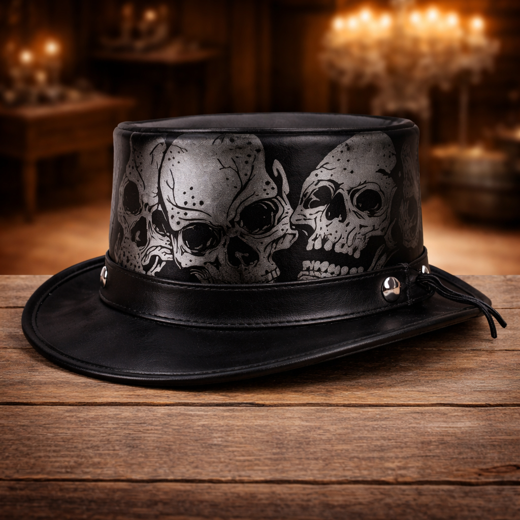 Skull Western Cowboy Leather Top Hat Steampunk Top Hat,Gothic Top hat Biker MC
