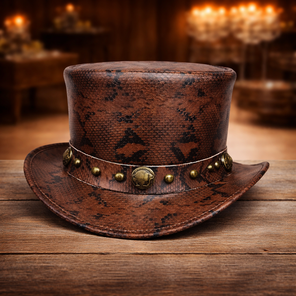 Handcrafted Brown Leather Top Hat - Bull Band & Snake Style Victorian Steampunk (Copy)