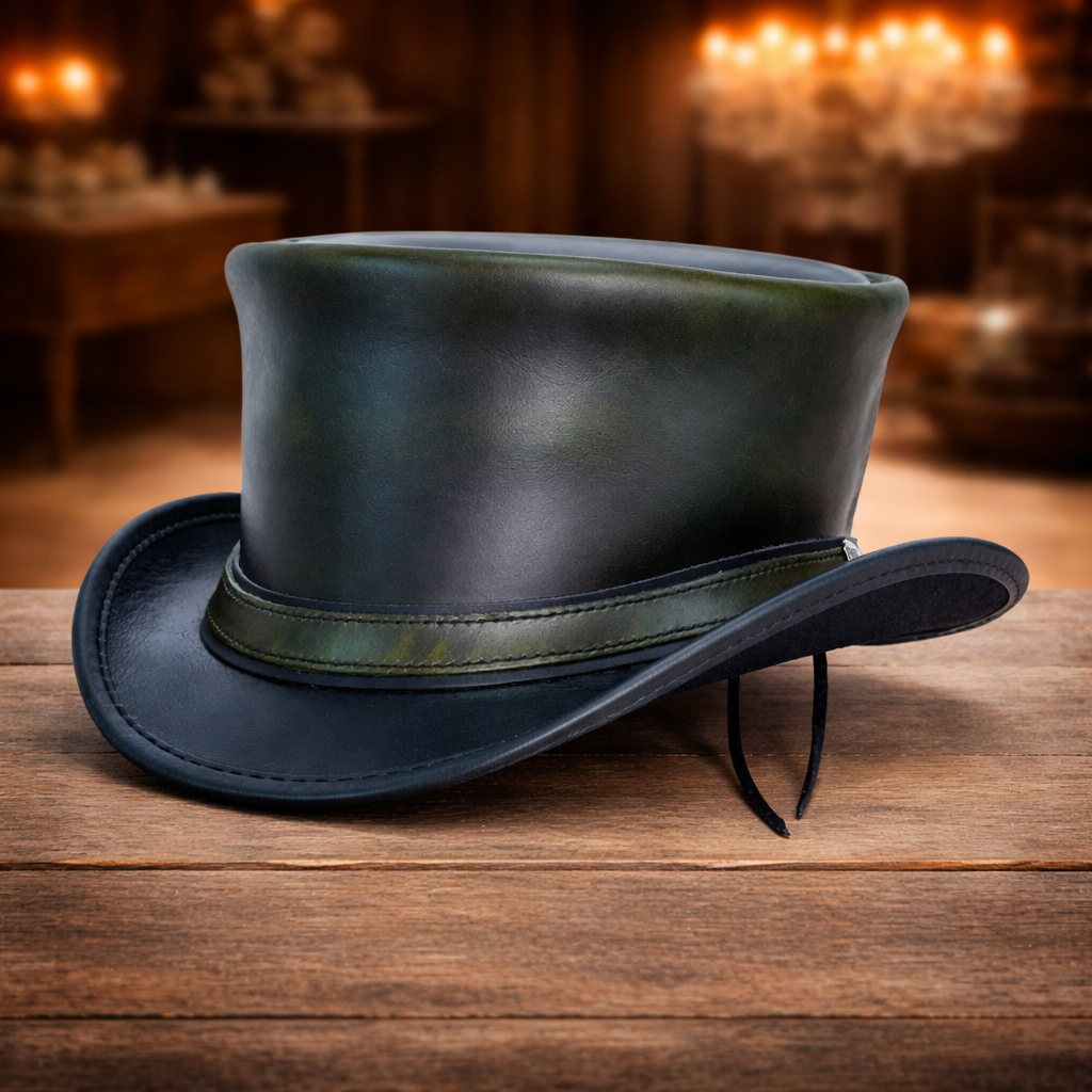 New Black Leather Steampunk Top Hat Gothic Biker Style Vintage Cosplay Hat Black