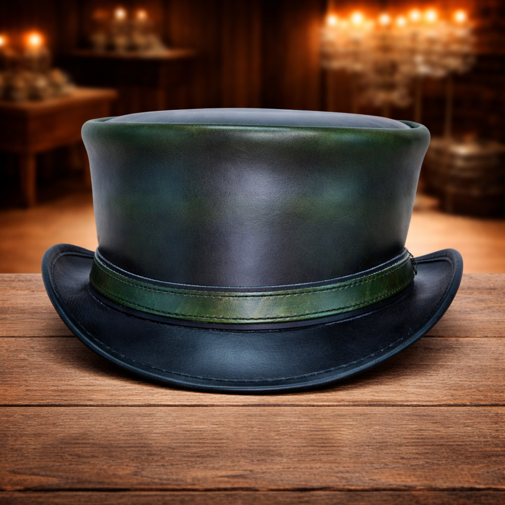 New Black Leather Steampunk Top Hat Gothic Biker Style Vintage Cosplay Hat Black