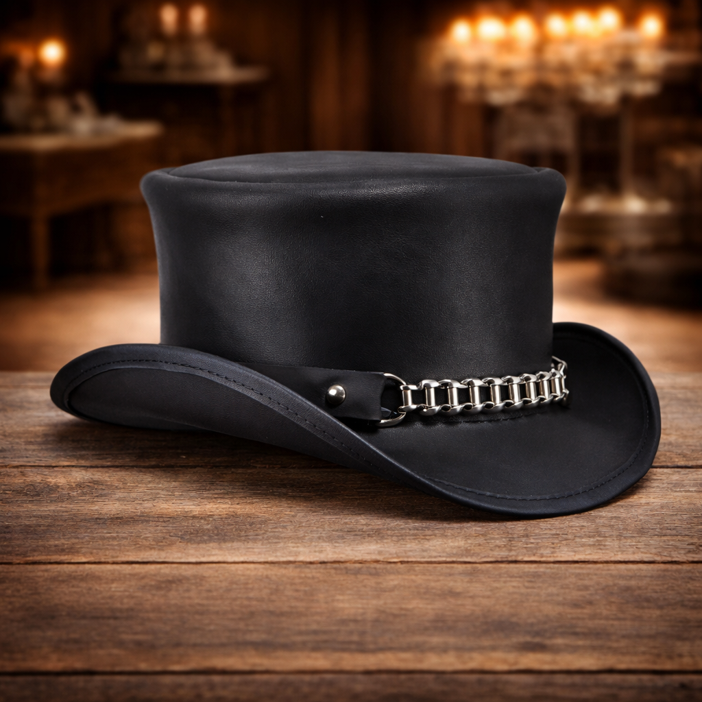 Handmade Black Genuine Leather Top Hat with Chain Design - Steampunk Gothic Styl