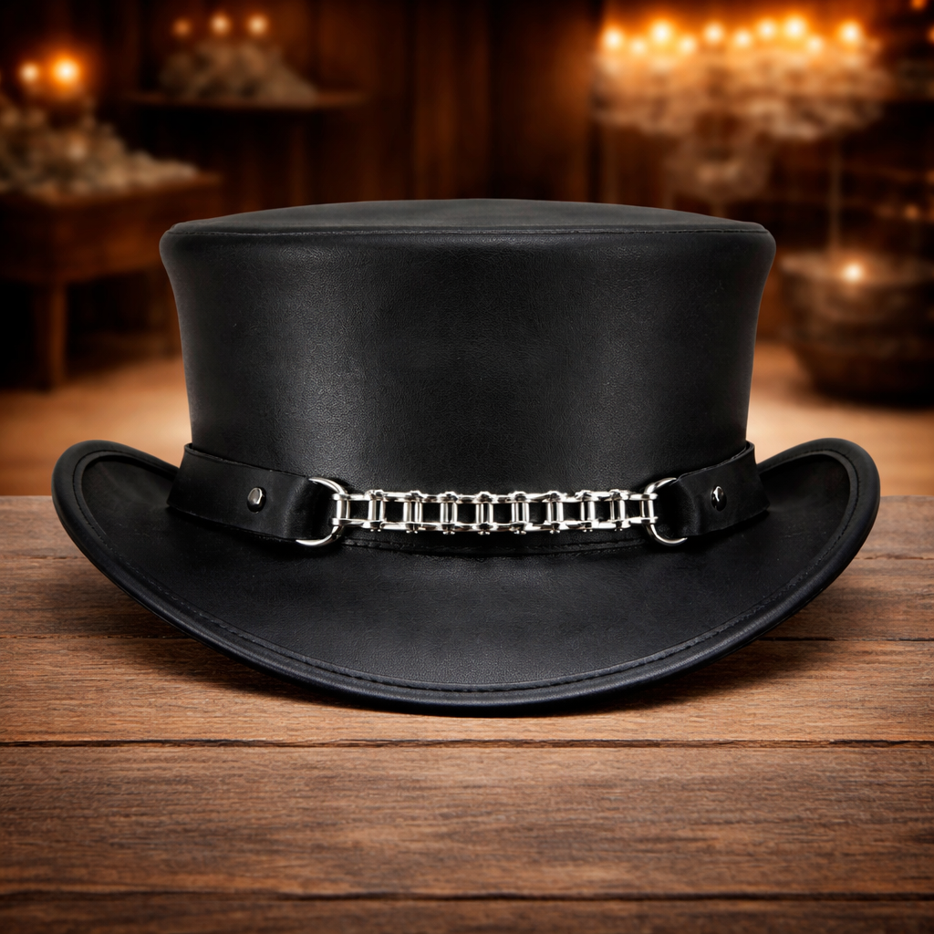 Handmade Black Genuine Leather Top Hat with Chain Design - Steampunk Gothic Styl