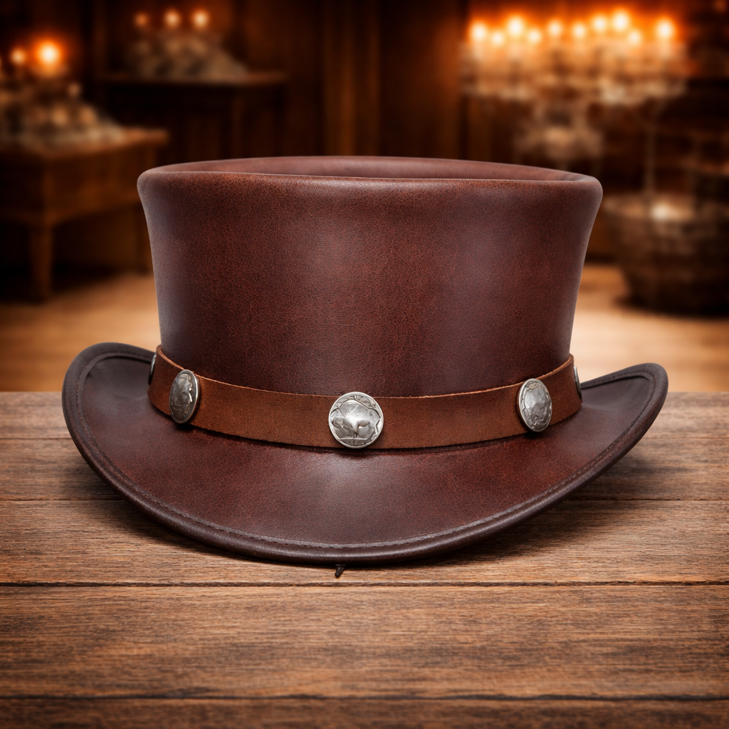 Premium Genuine Halloween Shapeable Leather Brown Top Hat - Stylish Men