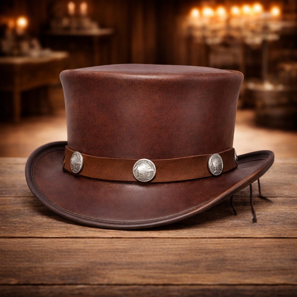 Premium Genuine Halloween Shapeable Leather Brown Top Hat - Stylish Men