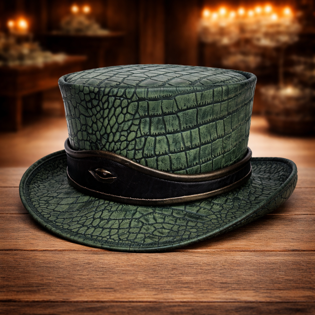 Steampunk Leather Top Hat Green & Black, El Dorado Hat With Eye Band Bikers Hat