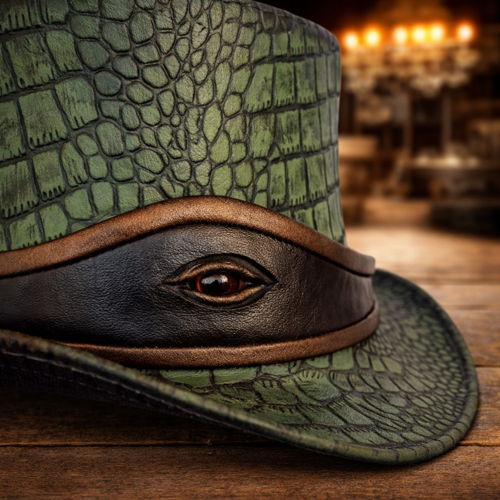 Steampunk Leather Top Hat Green & Black, El Dorado Hat With Eye Band Bikers Hat