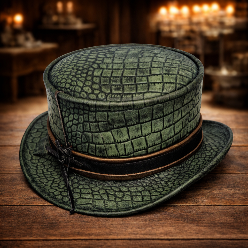 Steampunk Leather Top Hat Green & Black, El Dorado Hat With Eye Band Bikers Hat