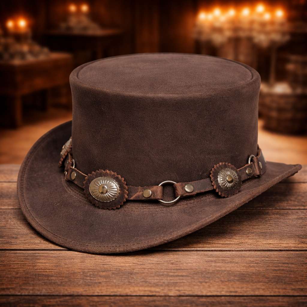 Brown Leather Top Hat Conchos Band Western Gothic Leather Hat Steampunk Top Hat