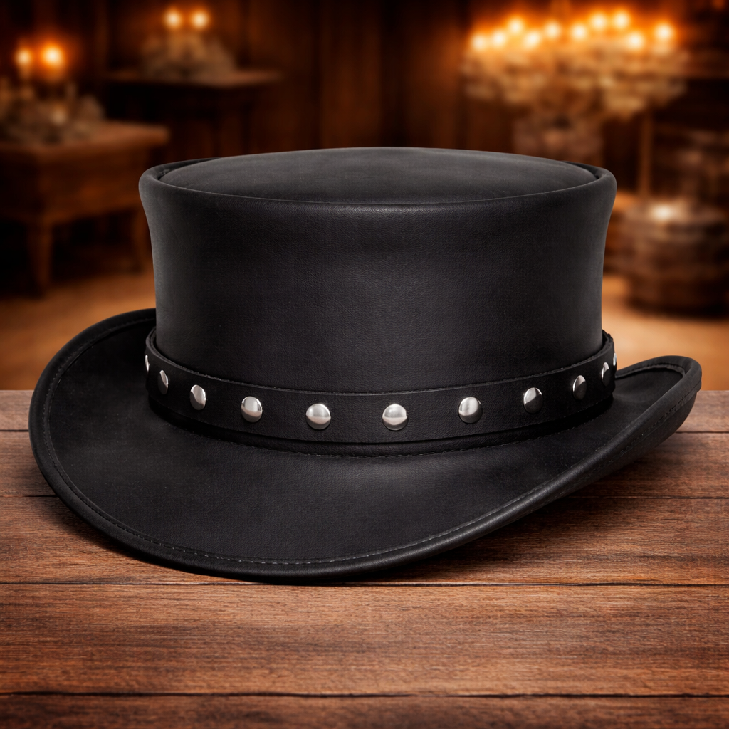 Steampunk Men's Leather Steam Punk Biker Rivet Hatband Motorcycle Top Hat Black