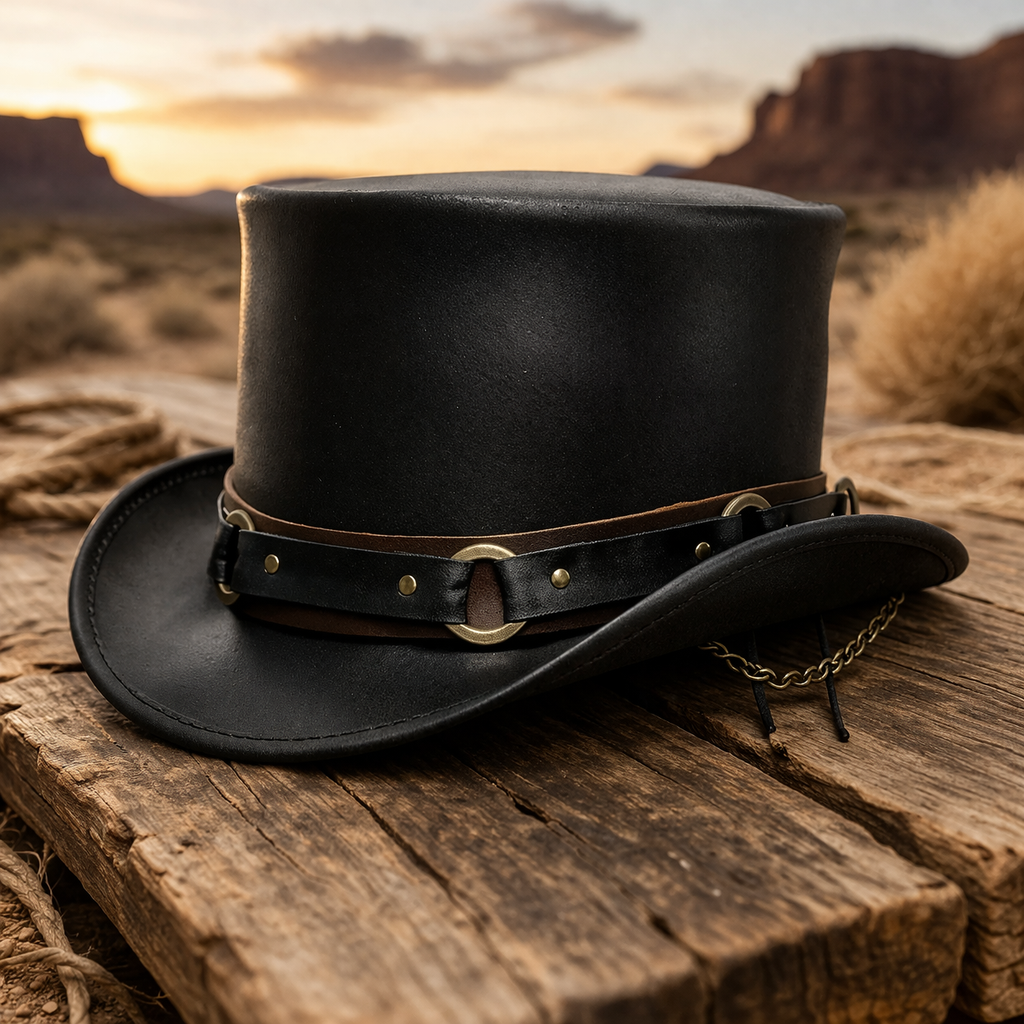Leather Top Hat - Vintage Style - Black Color - Handmade Western Hat
