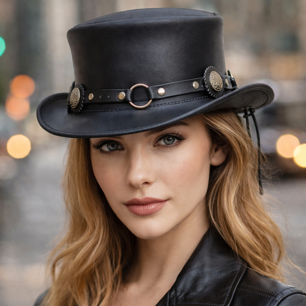 Short Crown Steampunk Leather Top Hat Handmade with 100% Genuine Leather