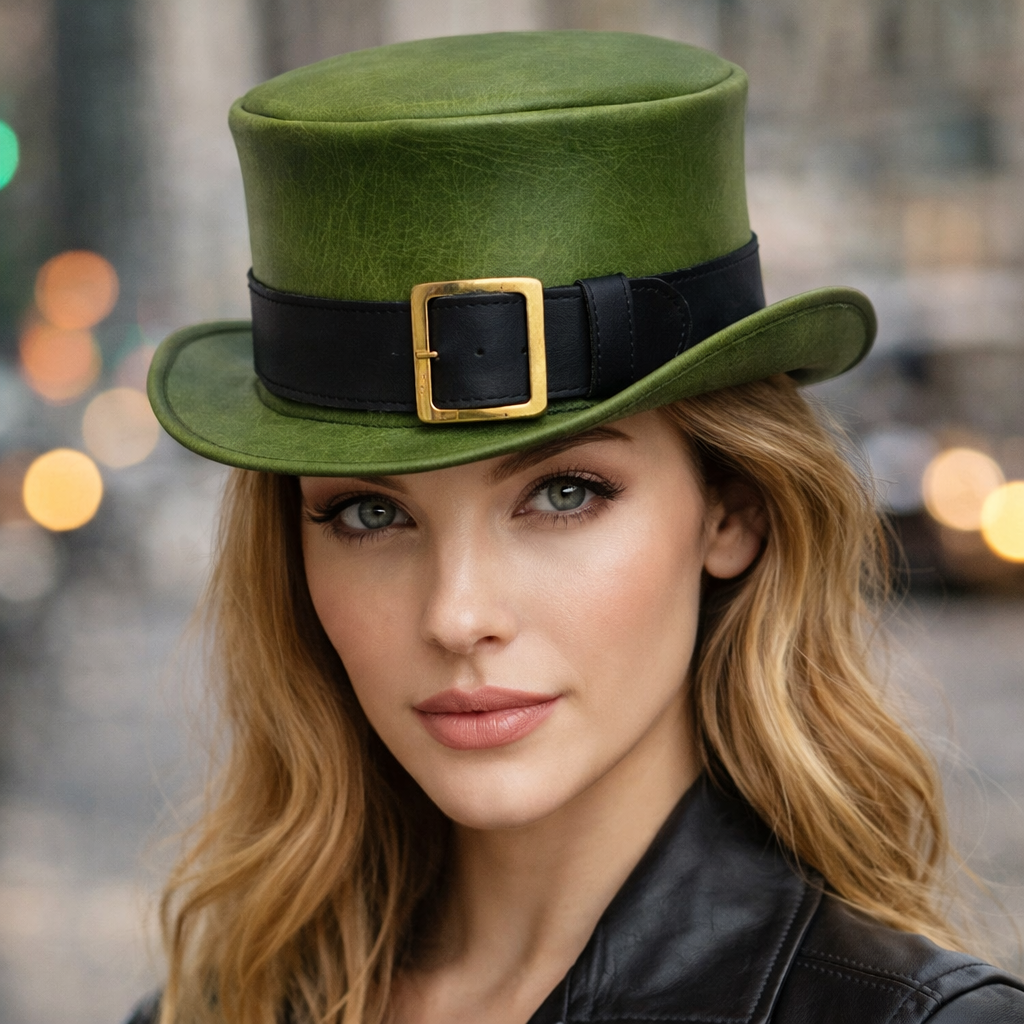 Handmade Green Leather Top Hat with Gold Buckle and Black Band - Steampunk Gothi