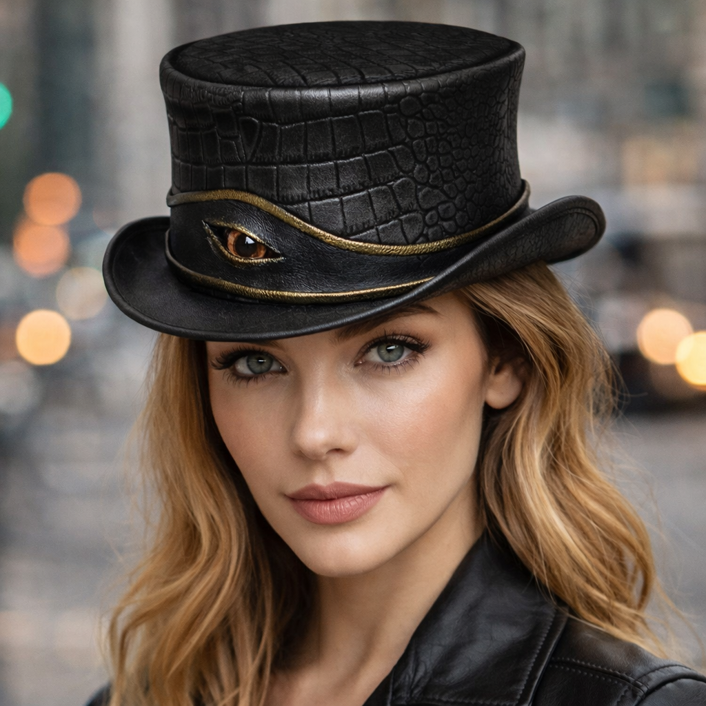 Steampunk Leather Top Hat Black, El Dorado Hat With Golden Eye Band Bikers Hat