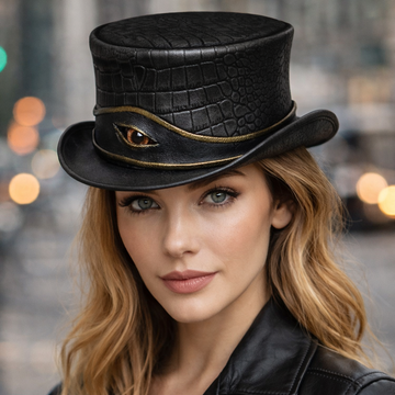 Steampunk Leather Top Hat Black, El Dorado Hat With Golden Eye Band Bikers Hat