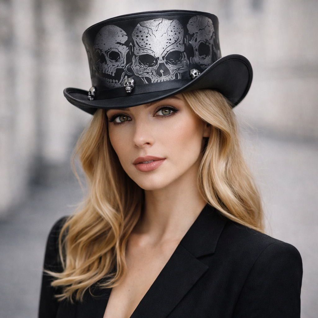 Skull Western Cowboy Leather Top Hat Steampunk Top Hat,Gothic Top hat Biker MC