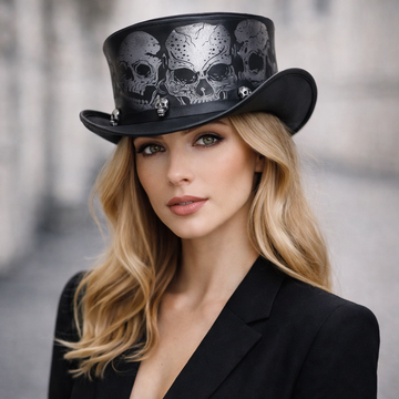 Skull Western Cowboy Leather Top Hat Steampunk Top Hat,Gothic Top hat Biker MC