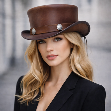 Premium Genuine Halloween Shapeable Leather Brown Top Hat - Stylish Men