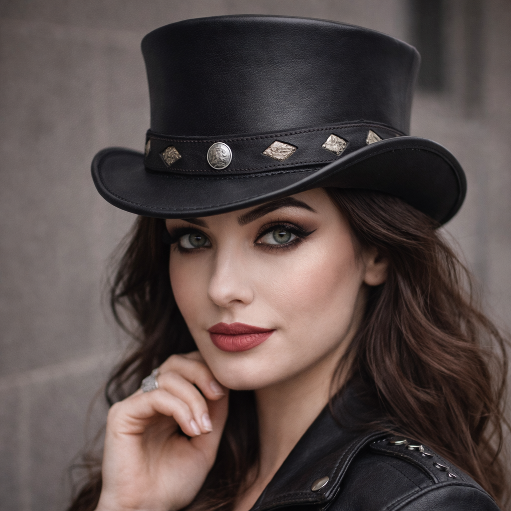 Buffalo Band Leather Hat Leather Top Hat Steampunk Top Hat Gothic Motorcycle Hat