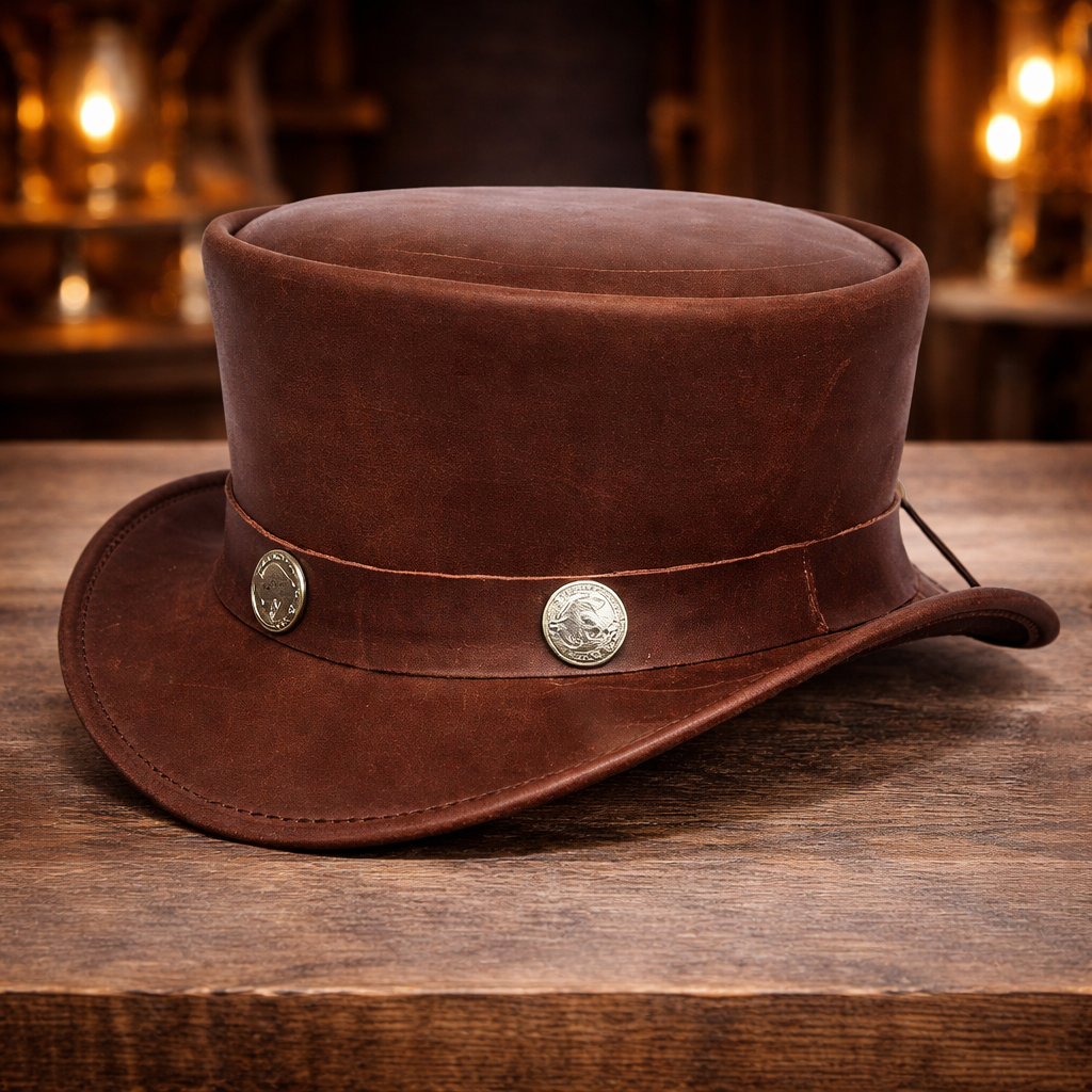 Stylish Brown Leather Steampunk El Dorado Top Hat SR2 Band Bikers of A+ Quality