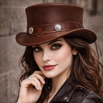 Stylish Brown Leather Steampunk El Dorado Top Hat SR2 Band Bikers of A+ Quality