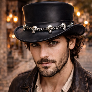 Top Hat Leather Skull Chain Black Top Hat Steampunk Hat Gothic Leather Top Hat
