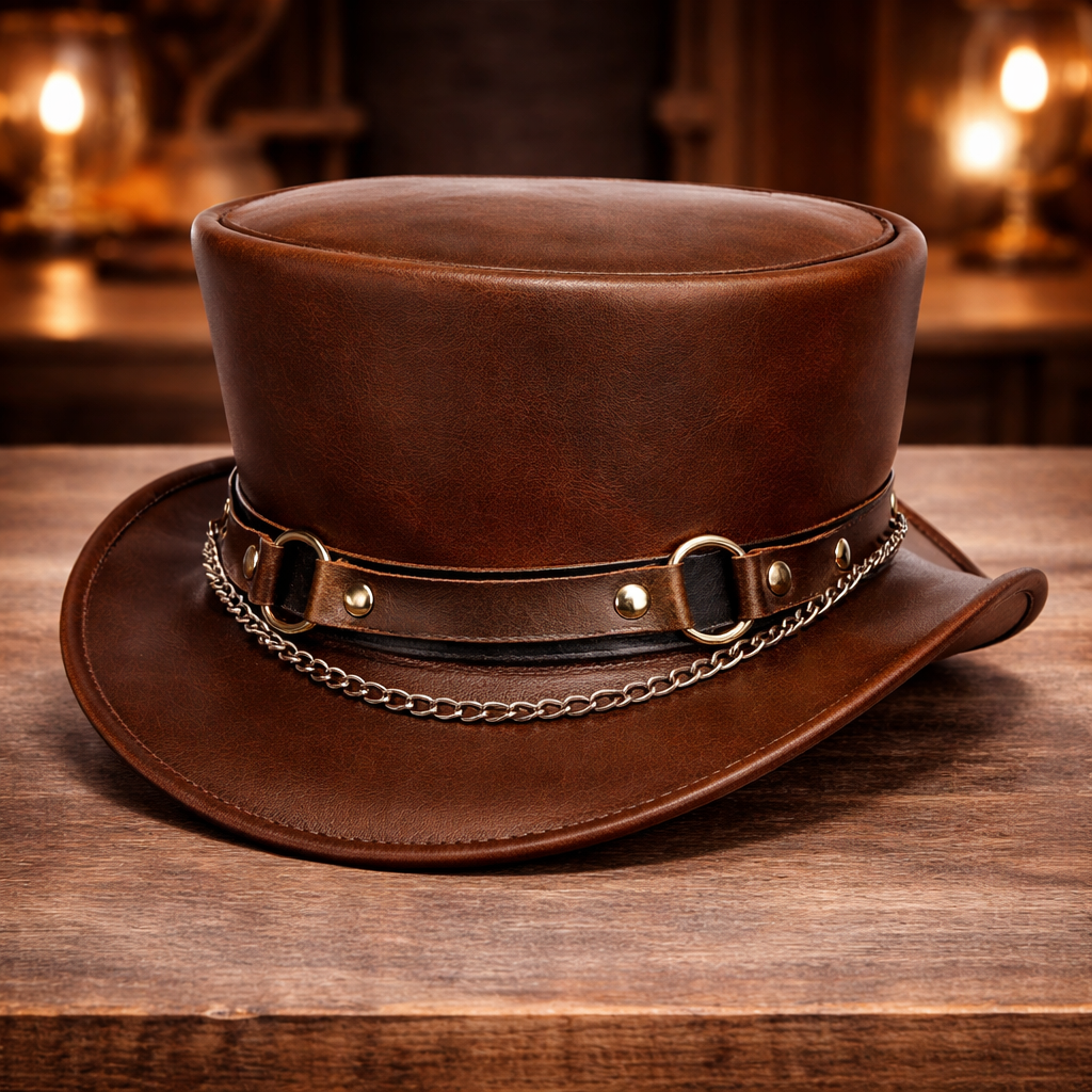 Brown Steampunk Leather Top Hat Handmade Genuine Leather Gothic Biker Chain Band
