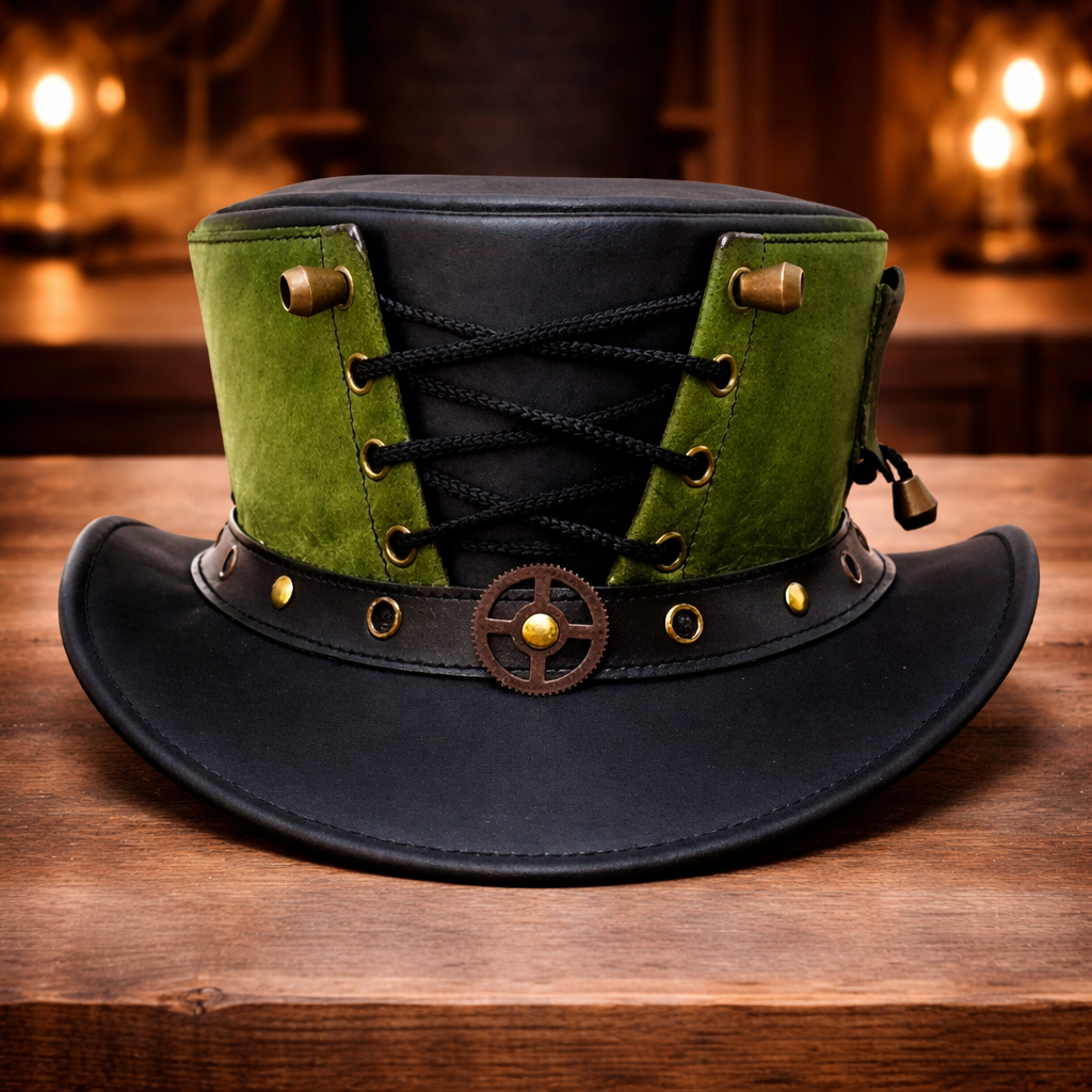 Black & Red Handcrafted Leather Corset Style Gothic Steampunk Top Hat