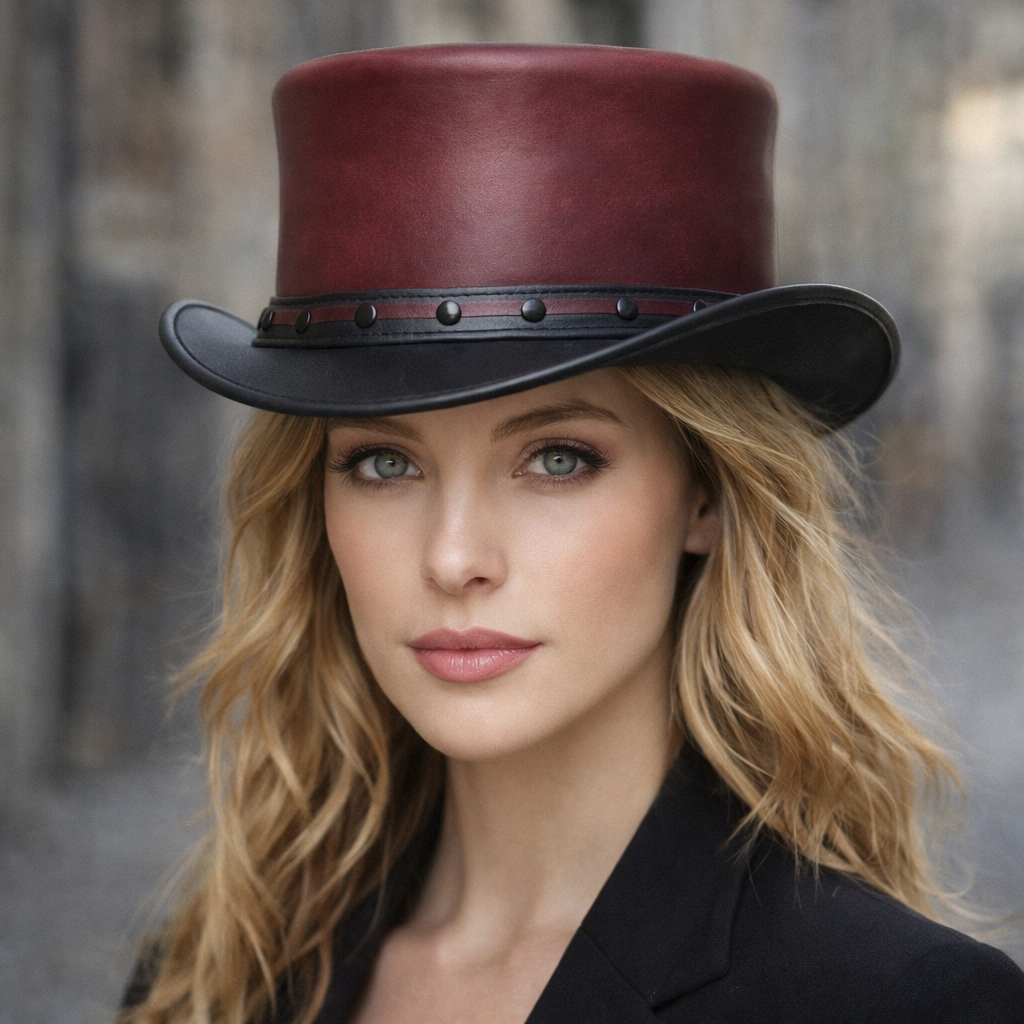 Leather Top Hat El Dorado Steampunk Black Leather Top Hat - Bikers Hat