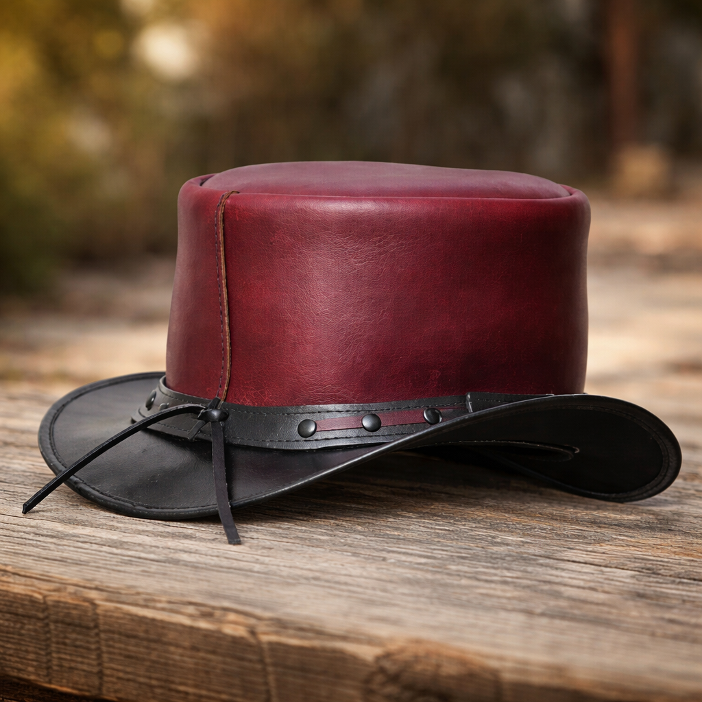 Leather Top Hat El Dorado Steampunk Black Leather Top Hat - Bikers Hat