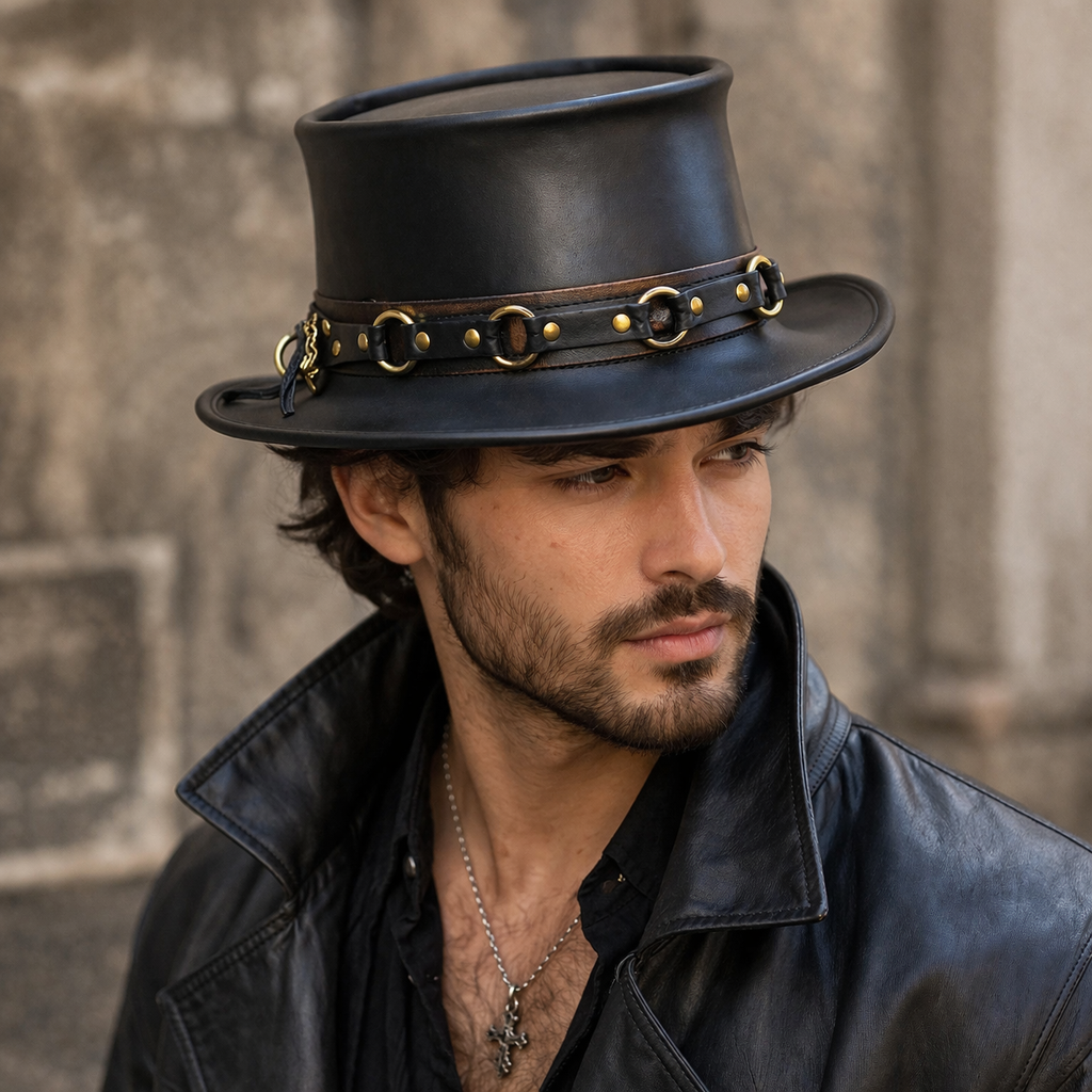 Handcrafted Steampunk Leather Top Hat with Brass Chain for Cosplay Gothic
