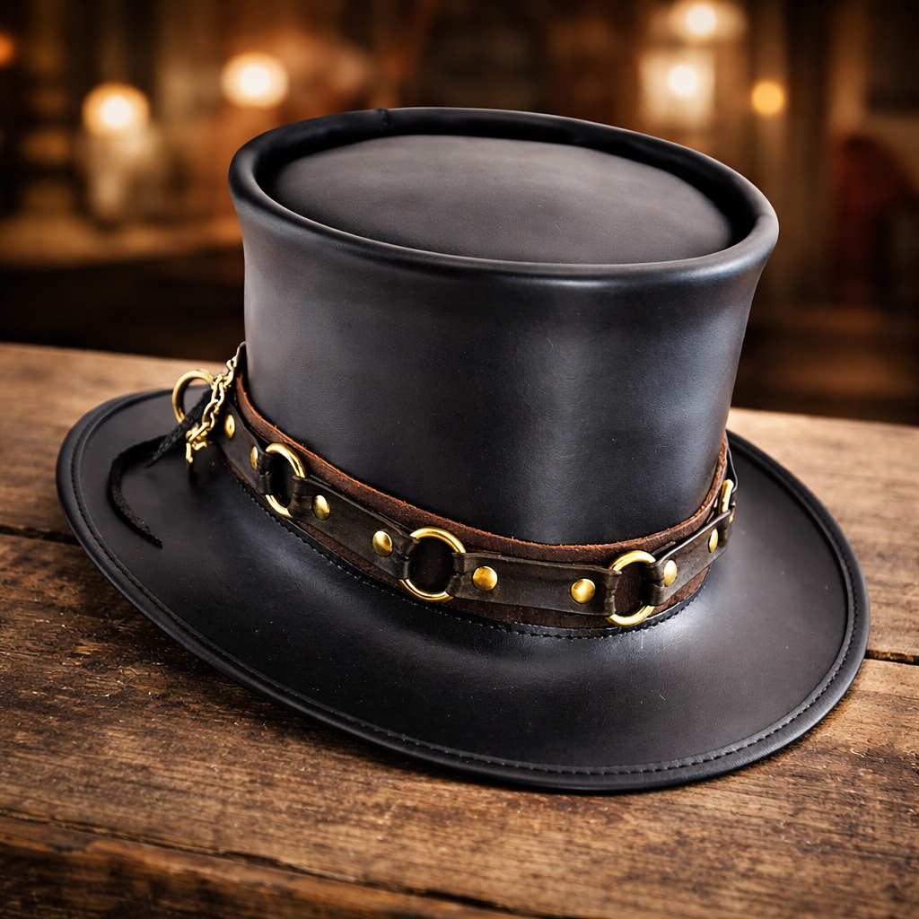 Handcrafted Steampunk Leather Top Hat with Brass Chain for Cosplay Gothic