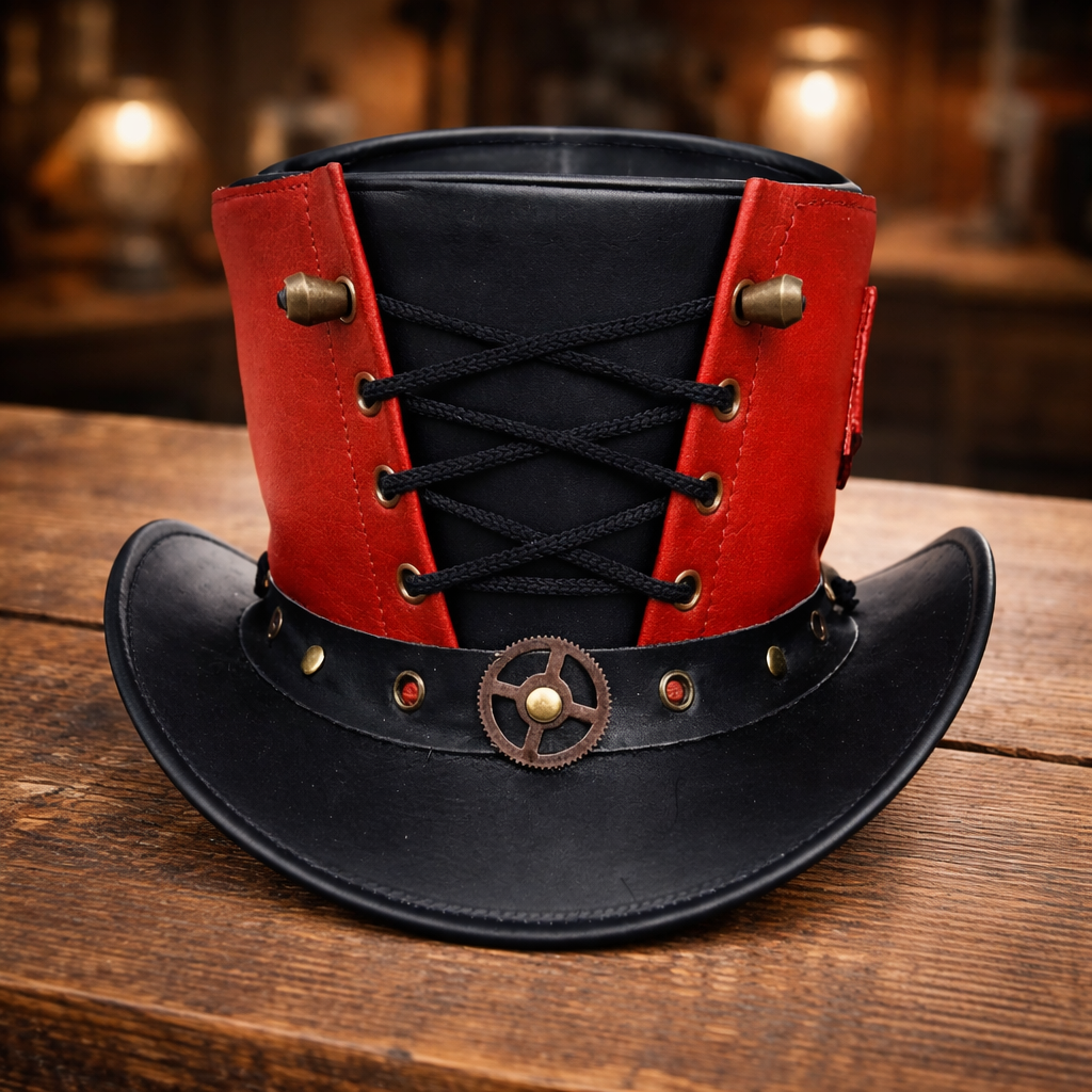 Black & Red Handcrafted Leather Corset Style Gothic Steampunk Top Hat