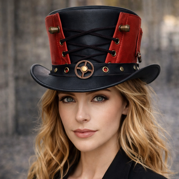 Black & Red Handcrafted Leather Corset Style Gothic Steampunk Top Hat