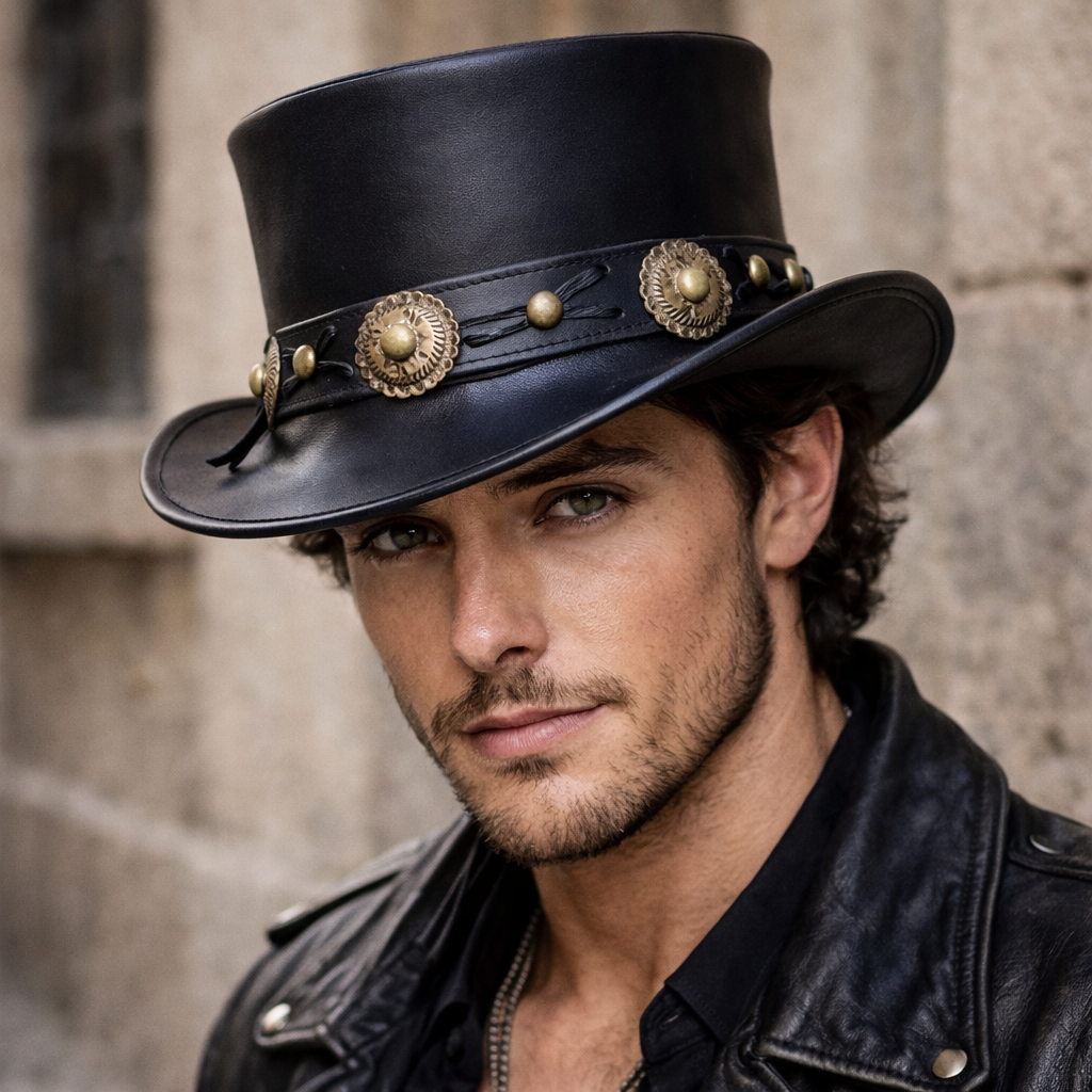 Top Hat Black Leather Conchos Band Steampunk Hat Biker Motorcycle Hat Gothic Hat