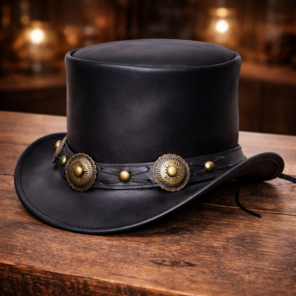 Top Hat Black Leather Conchos Band Steampunk Hat Biker Motorcycle Hat Gothic Hat