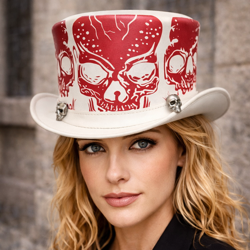 Handcrafted White Leather Top Hat with Red Skull Design – Gothic Steampunk Style