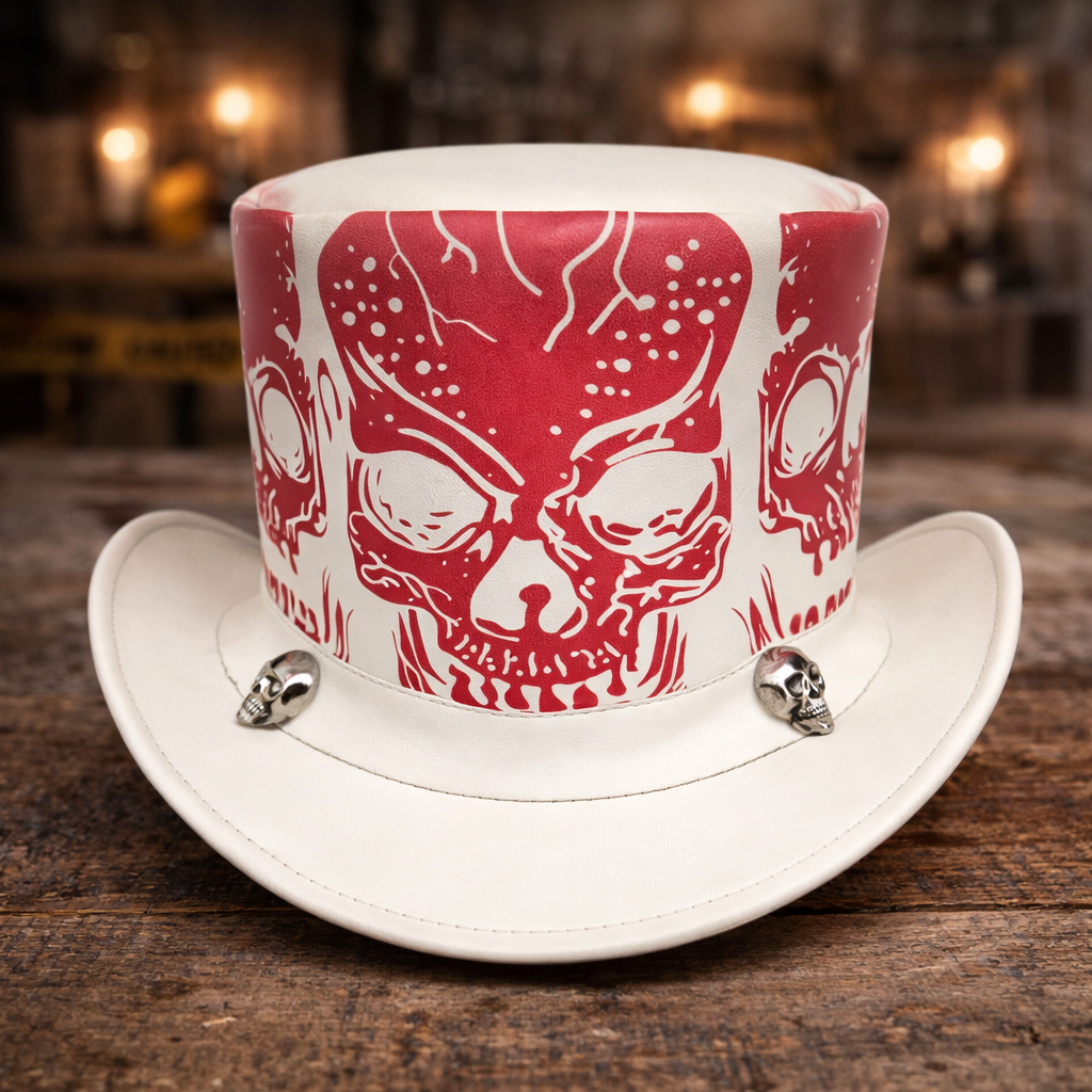 Handcrafted White Leather Top Hat with Red Skull Design – Gothic Steampunk Style