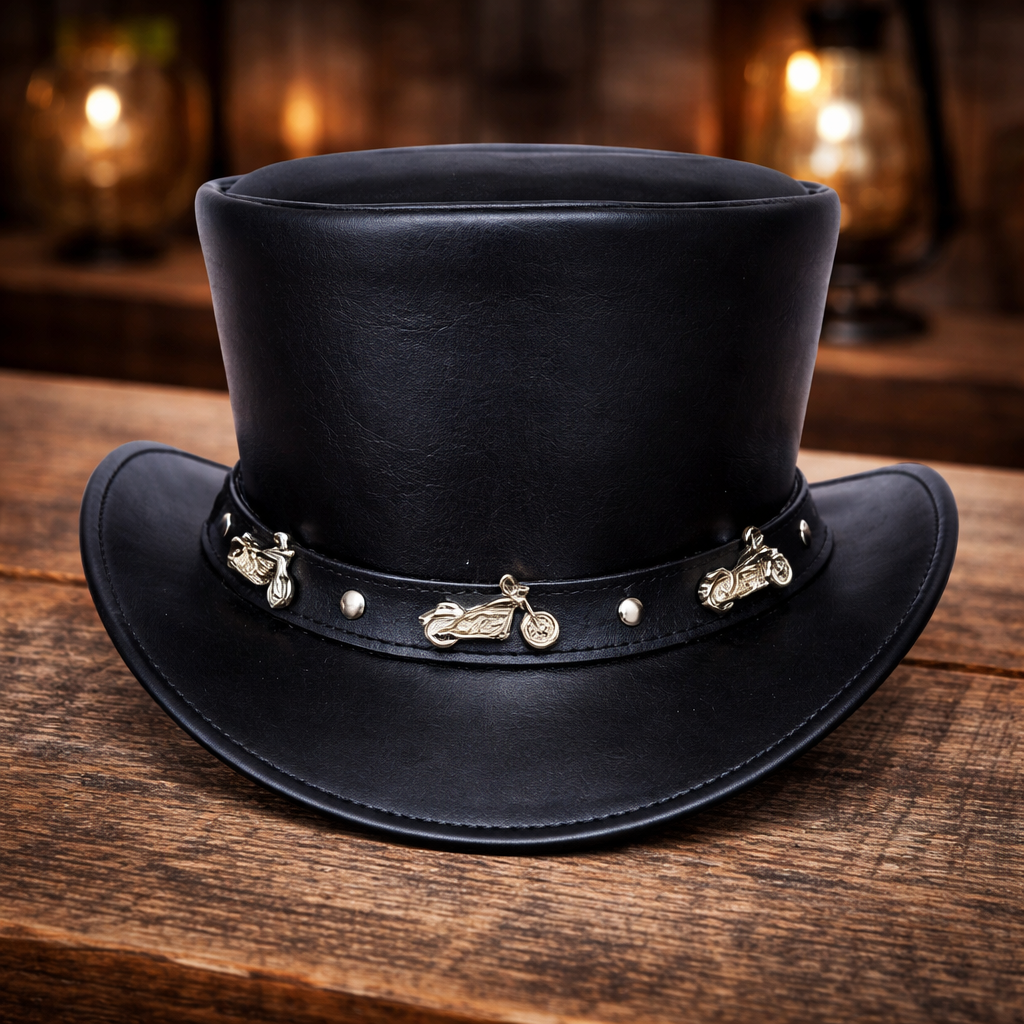 Western Leather Top Hat With Bikes Band Cowboy Style Best Design For Bike Riders