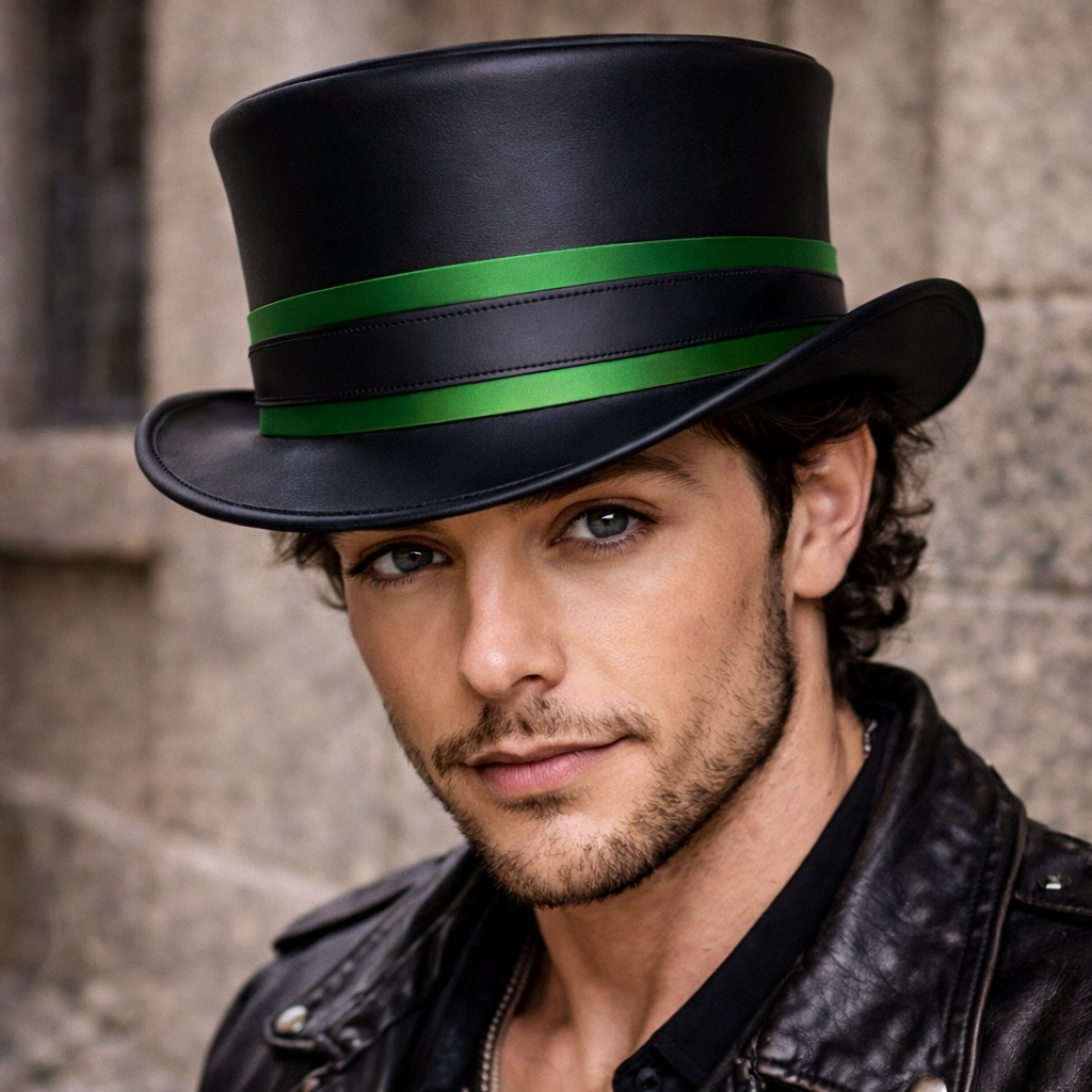 Handcrafted Black Leather Top Hat with Green Lining – Steampunk Gothic Cosplay