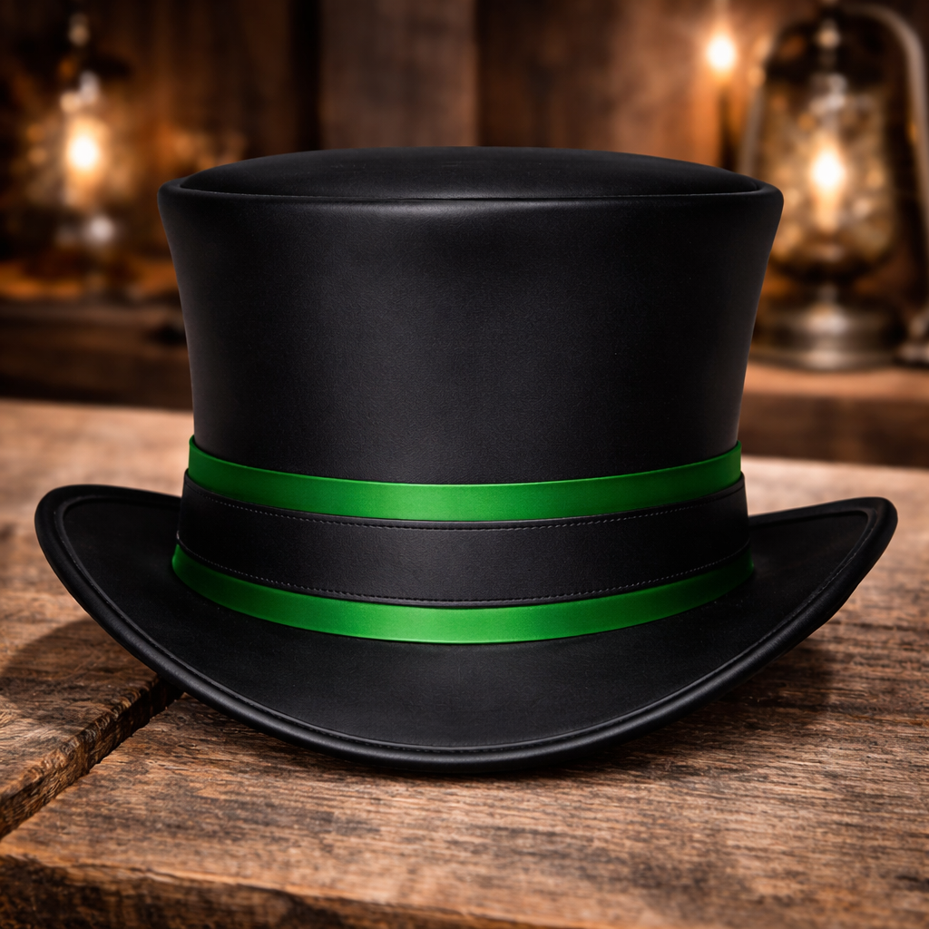 Handcrafted Black Leather Top Hat with Green Lining – Steampunk Gothic Cosplay